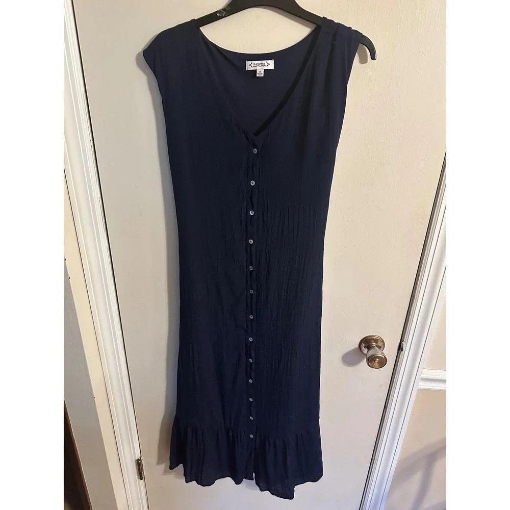 Nanette Lepore Dress Navy Blue Button Front Maxi Woman‎ Size 14 Tier Cottagecore